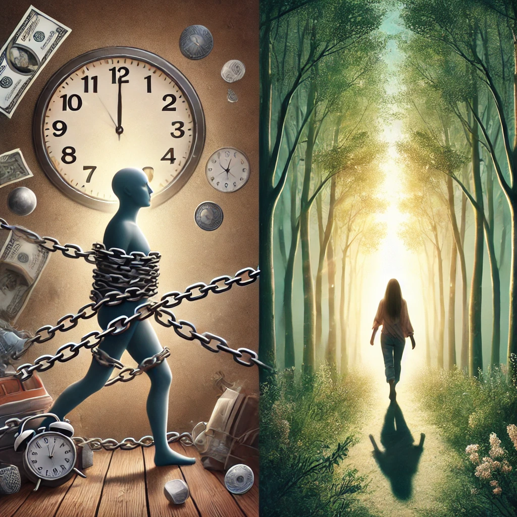 DALL·E 2024-09-23 09.18.09 - A symbolic representation of 'attachment' and 'detachment'. On one side, visualize 'attachment' with a human figure tightly bound by chains made of ma