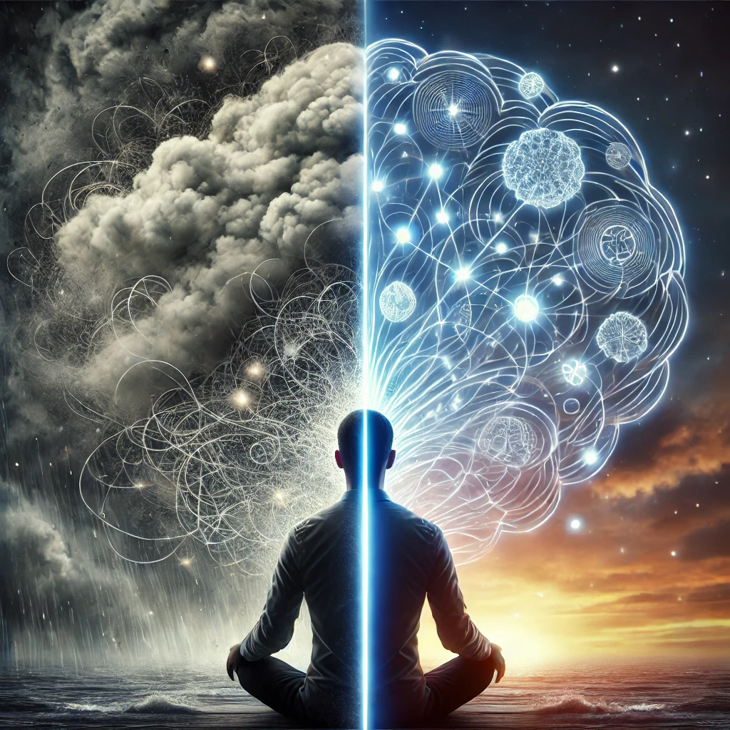 DALL·E 2024-09-28 09.12.06 - A conceptual image showing both the positive and negative sides of overthinking. On the left, depict a person with a cloud of chaotic, tangled thought